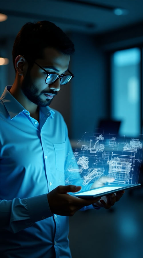 Close-up of a Sri Lankan engineer’s hands using a digital tablet with 3D blueprints and holographic schematics.