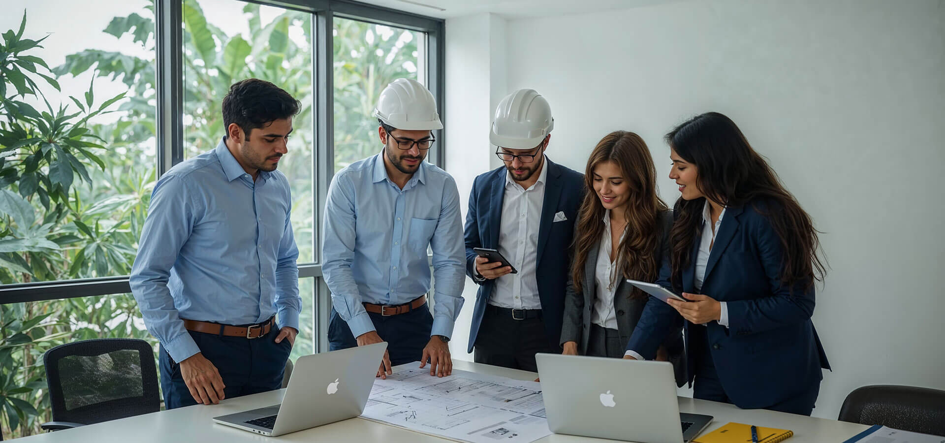 A team of Sri Lankan engineers in business attire and safety helmets collaborating over blueprints and digital schematics in a modern, bright office with tropical greenery visible outside