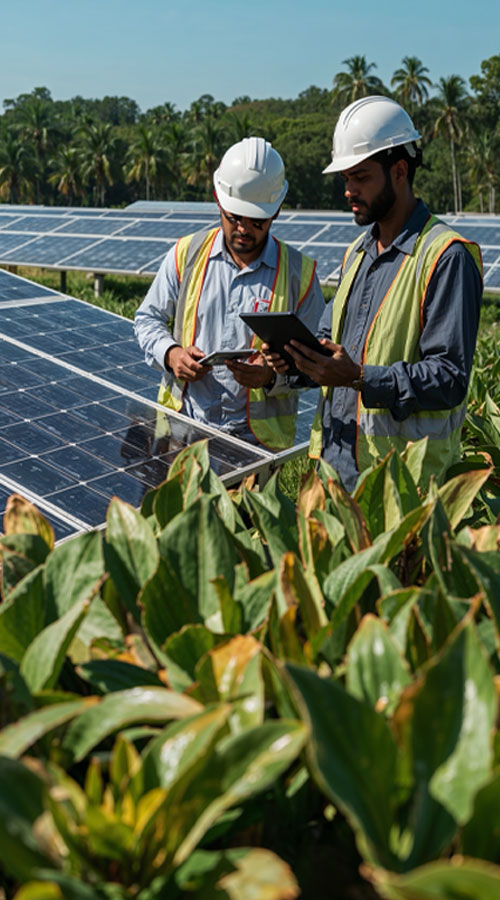 Sri Lankan engineers in helmets inspecting solar panels in a green field with tropical plants under a blue sky.